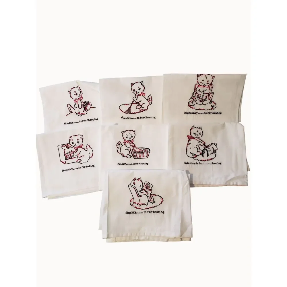 7Days Of The Week Kitty Cat Embroidered VTG Tea Towels White Cotton Cottagecore